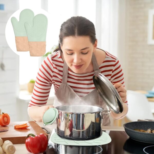 Set of Silicone Oven Gloves Heat Resistant, Pot Holder, Pot Mat, Silicone Oven Mitts Potholder Green Oven Glove Set for Home Kitchen Cooking, Baking, Grilling - Image 3